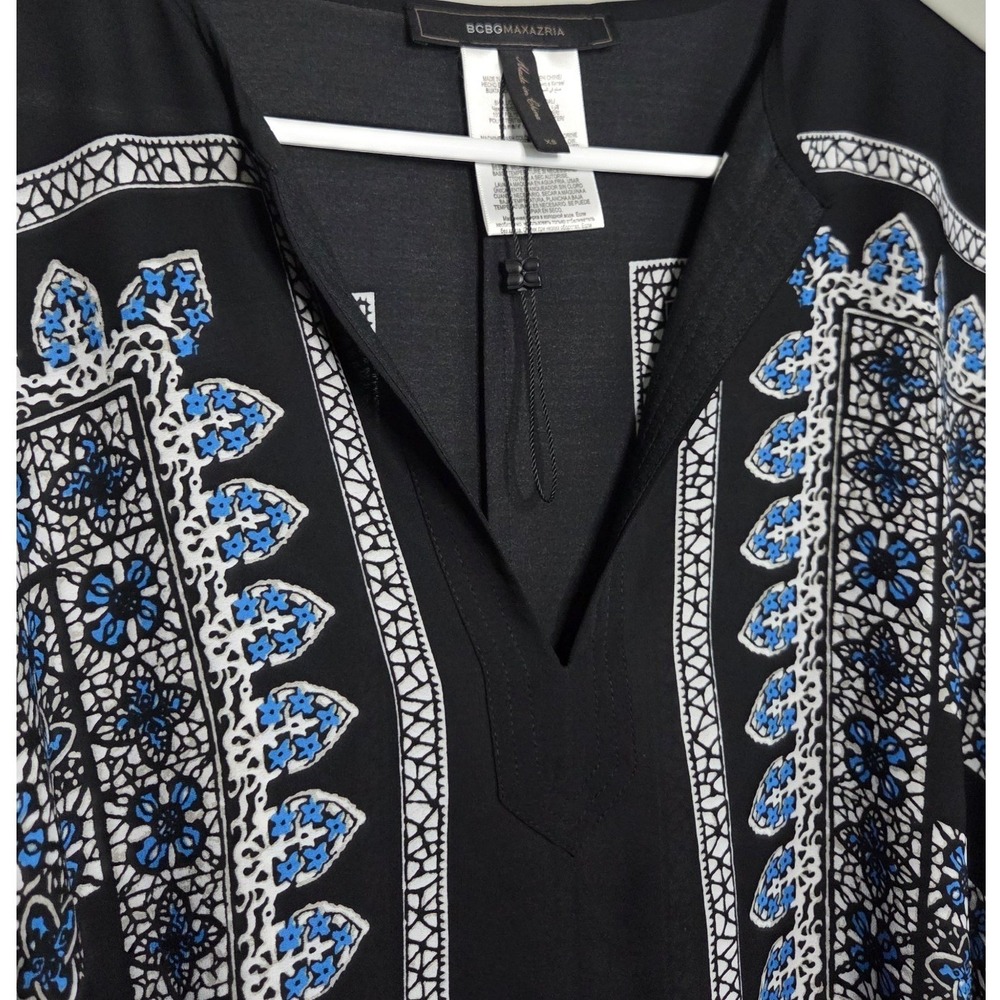 BCBGMAXAZRIA Kaftan Tunic Dress Womens XS Black Blue Geo Print Belted Mini
